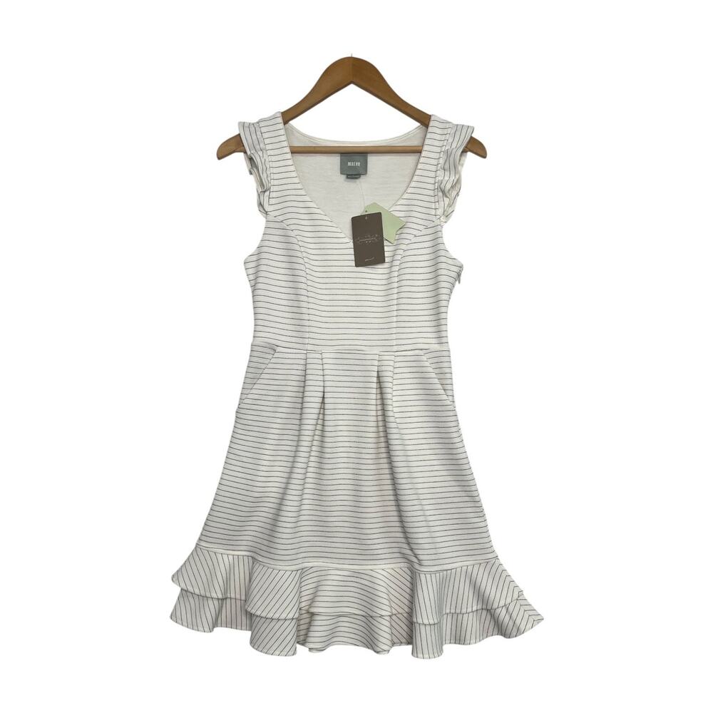 Anthropologie Maeve Dress Womens 4 Ivory Striped Fit Flare Ruffle Party Cottage